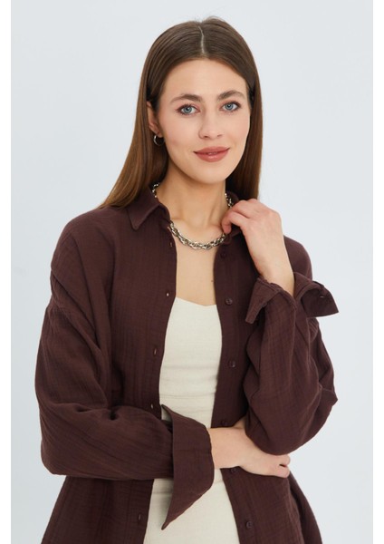 3833 Kadın Oversize Cepli Müslin Gömlek Kahve indirimleri