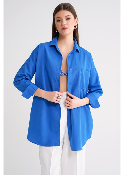 4053 Kadın Tek Cepli Oversize Basic Gömlek Mavi