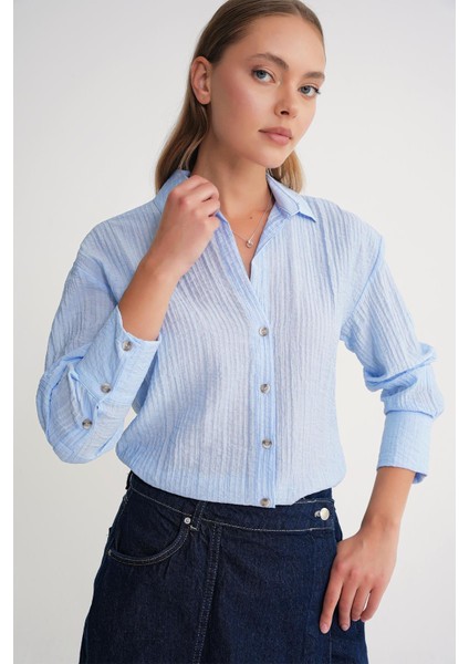 4642 Kadın Apoletli Kraşlı Gömlek Bebe Mavi fiyatları