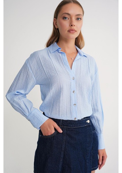 4642 Kadın Apoletli Kraşlı Gömlek Bebe Mavi modelleri