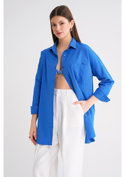 4053 Kadın Tek Cepli Oversize Basic Gömlek Mavi modelleri