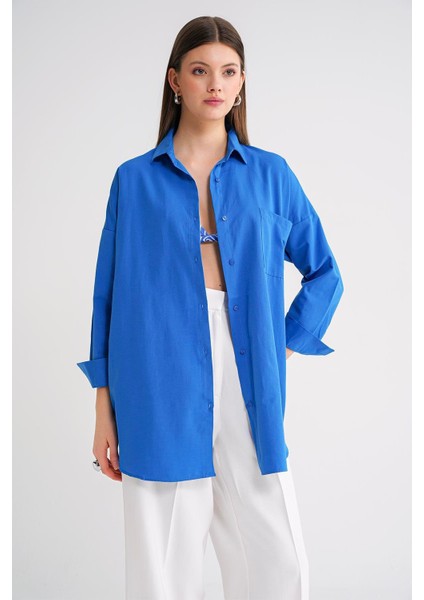 4053 Kadın Tek Cepli Oversize Basic Gömlek Mavi fırsatları