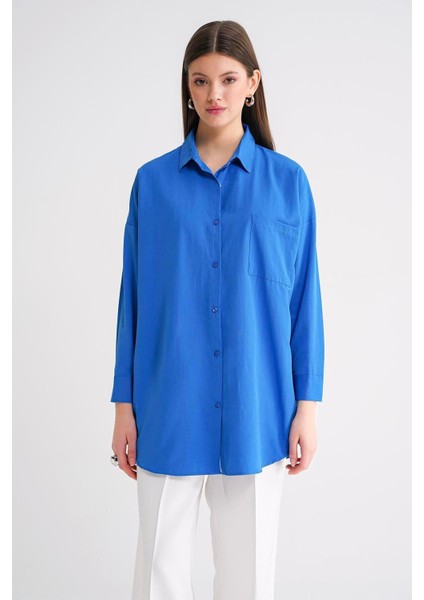 4053 Kadın Tek Cepli Oversize Basic Gömlek Mavi indirimleri