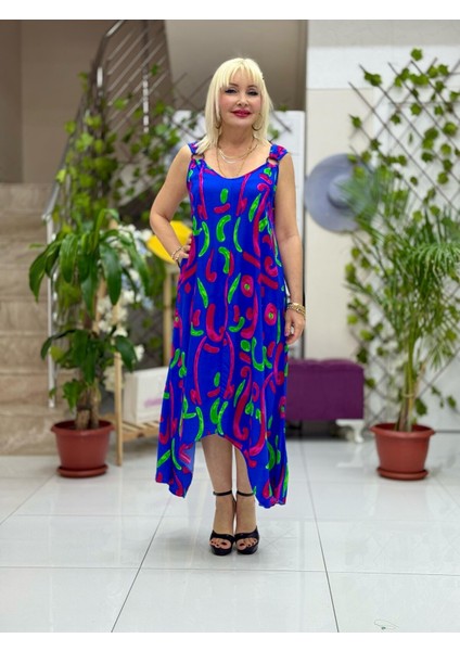 HL14018 Omzu Halkalı Askılı Viskon Hilal Elbise