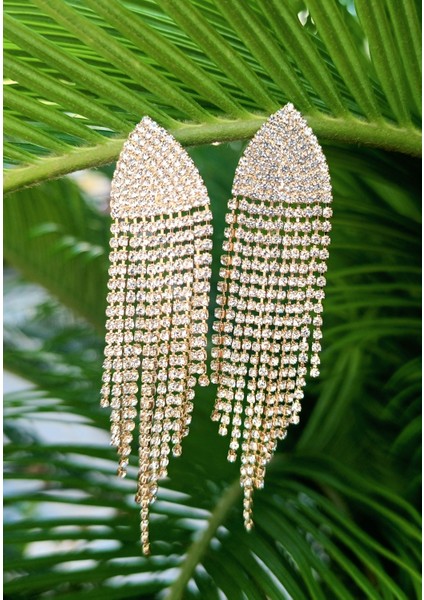 Sarı Renk Zirkon Taşlı Lüks Abiye Küpe fiyatları