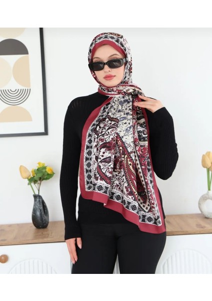 Neon Kırmızı Etnik Desen Lux Saten Işlemeli Şal