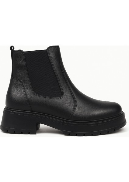 Kadın Hakiki Gerçek Deri Lastikli Kısa Siyah Bot