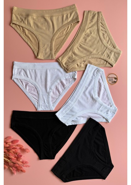 6'lı Siyah, Beyaz ve Ten Renk Ekstra Biyeli Bikini Kadın Külot 51A05
