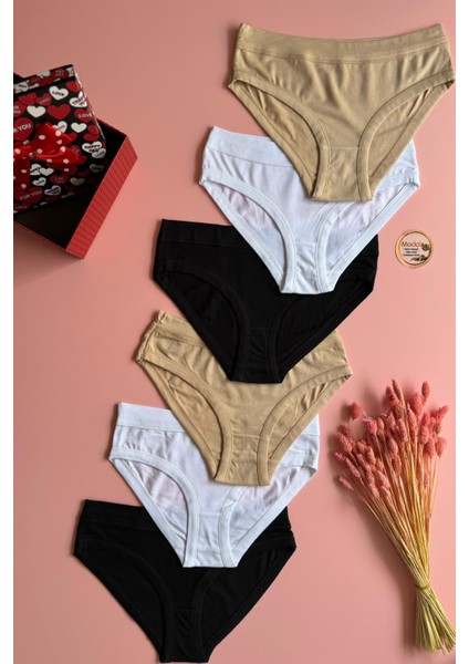 6'lı Siyah, Beyaz ve Ten Renk Ekstra Biyeli Bikini Kadın Külot 51A05 fiyatları