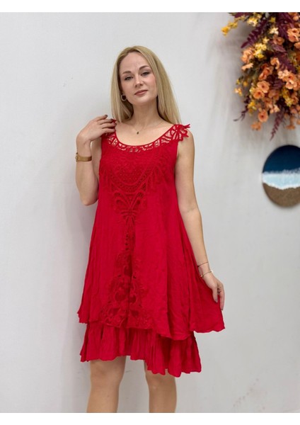 VL1207 Kolsuz Vual Mini Elbise Kırmızı