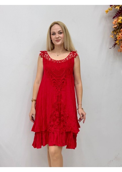 VL1207 Kolsuz Vual Mini Elbise Kırmızı fiyatları