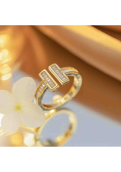 Altın Kaplama Zarif Açık Tasarım Zirkon Taşlı Kadın Ayarlanabilir Çelik Yüzük