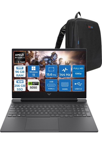 Victus 15-WFB3036NT Amd Ryzen 5 Aı 340 96GB Ddr5 256GB SSD Windows 11 Pro Nvidia Geforce 8gb RTX5050 15.6 Inç Fullhd (1920X1080) IPS 144HZ Taşınabilir Bilgisayar CA8E7EAP36 + Zetta Çanta