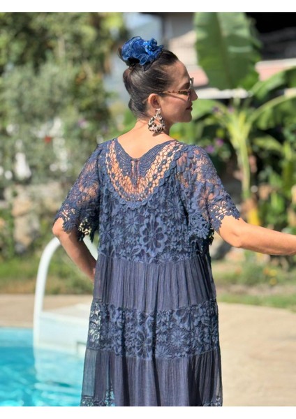 NCC10337 Italyan Ipek Elbise Lacivert