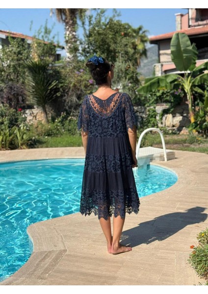 NCC10337 Italyan Ipek Elbise Lacivert modelleri