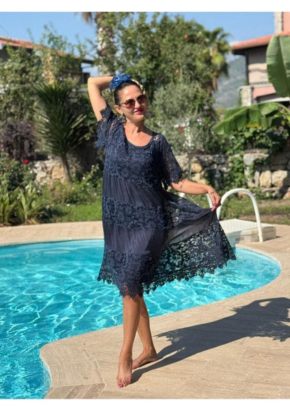 NCC10337 Italyan Ipek Elbise Lacivert fırsatları