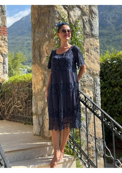 NCC10337 Italyan Ipek Elbise Lacivert