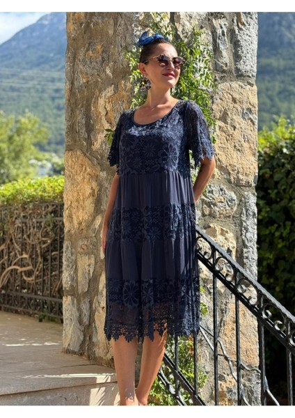 NCC10337 Italyan Ipek Elbise Lacivert