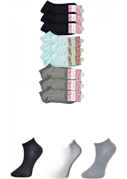 Siyah Gri ve Beyaz Kadın Bilek Çorap 9 Çift