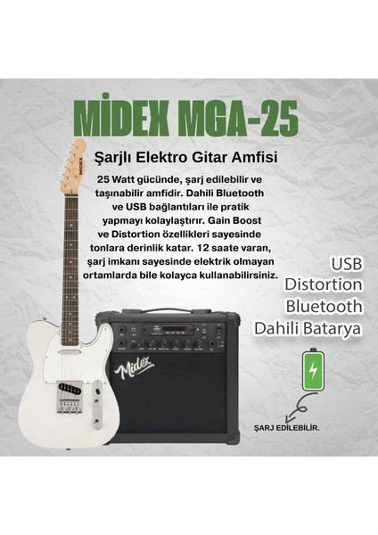 TLX-50WH-25AMP Tele Kasa Gül Klavye 2 Single-Coil 25 W Amfili Elektro Gitar fiyatları