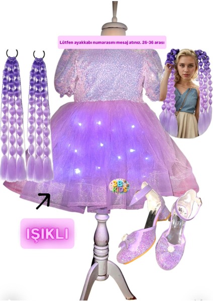 Payetli Mor Işıklı Elbise Kostüm + Mor Bubble Saç + Mor Topuklu Ayakkabı Seti Kuromi Düğün Parti Satıcının Ortalama Ürün Puanı 4.7