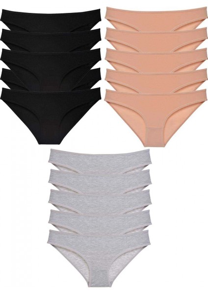 15 Adet Süper Eko Set Likralı Kadın Slip Külot Siyah Ten Gri