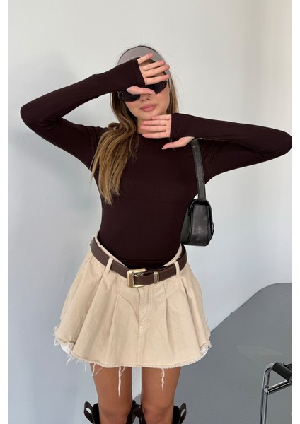 Kadın Prenses Kayık Yaka Basic Uzun Kollu Parmak Geçmeli Modal Kumaş Body Bluz