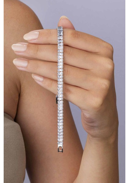 Dikdörtgen Kesim Baget Taşlı Beyaz Altın Kaplama Çelik Kadın Su Yolu Bileklik fiyatları