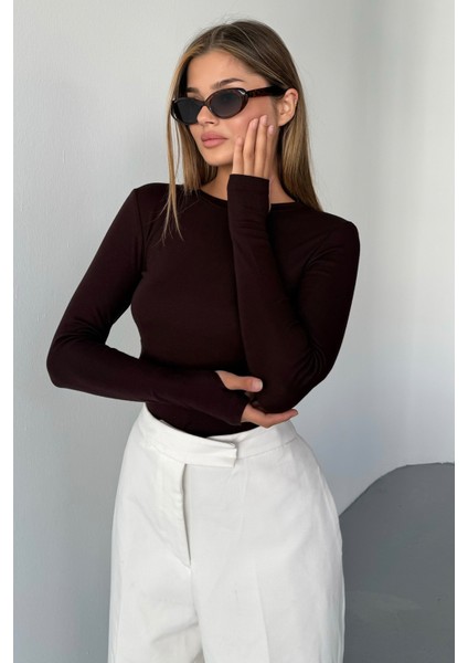 Kadın Bisiklet Yaka Basic Uzun Kollu Parmak Geçmeli Modal Kumaş Body Bluz