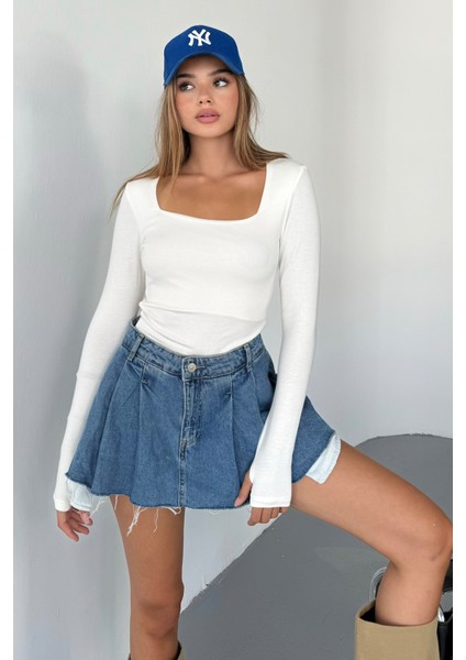 Kadın Kare Yaka Basic Uzun Kollu Parmak Geçmeli Modal Kumaş Body Bluz