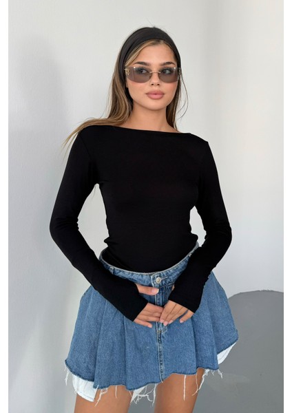 Kadın Prenses Kayık Yaka Basic Uzun Kollu Parmak Geçmeli Modal Kumaş Body Bluz