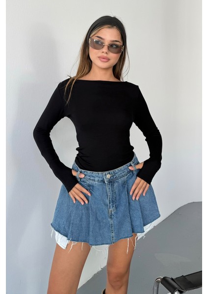 Kadın Prenses Kayık Yaka Basic Uzun Kollu Parmak Geçmeli Modal Kumaş Body Bluz fırsatları