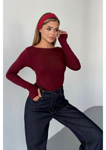 Kadın Prenses Kayık Yaka Basic Uzun Kollu Parmak Geçmeli Modal Kumaş Body Bluz