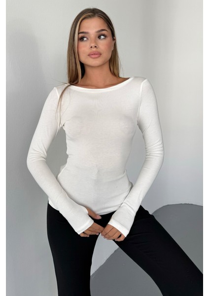 Kadın Prenses Kayık Yaka Basic Uzun Kollu Parmak Geçmeli Modal Kumaş Body Bluz