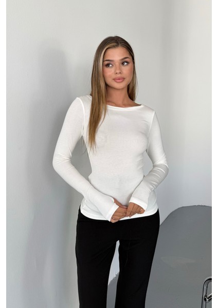 Kadın Prenses Kayık Yaka Basic Uzun Kollu Parmak Geçmeli Modal Kumaş Body Bluz modelleri