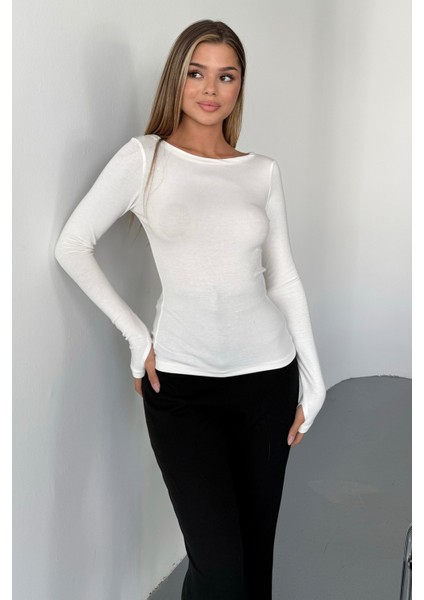 Kadın Prenses Kayık Yaka Basic Uzun Kollu Parmak Geçmeli Modal Kumaş Body Bluz fırsatları