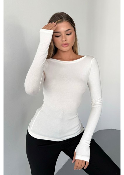Kadın Prenses Kayık Yaka Basic Uzun Kollu Parmak Geçmeli Modal Kumaş Body Bluz indirimleri
