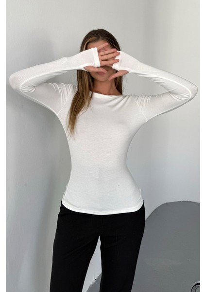 Kadın Prenses Kayık Yaka Basic Uzun Kollu Parmak Geçmeli Modal Kumaş Body Bluz