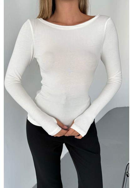 Kadın Prenses Kayık Yaka Basic Uzun Kollu Parmak Geçmeli Modal Kumaş Body Bluz