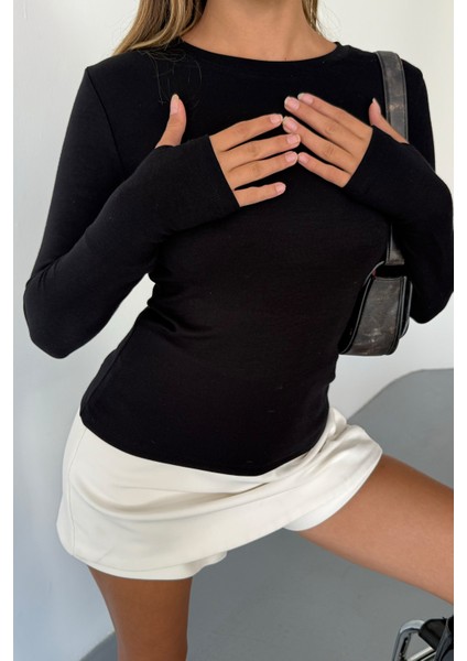 Kadın Bisiklet Yaka Basic Uzun Kollu Parmak Geçmeli Modal Kumaş Body Bluz