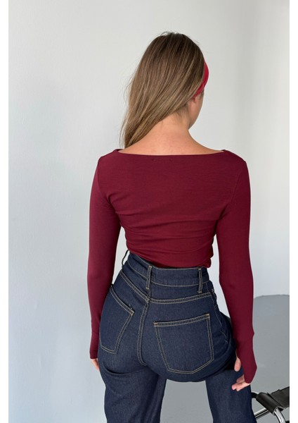 Kadın Prenses Kayık Yaka Basic Uzun Kollu Parmak Geçmeli Modal Kumaş Body Bluz
