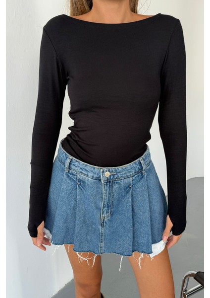 Kadın Prenses Kayık Yaka Basic Uzun Kollu Parmak Geçmeli Modal Kumaş Body Bluz