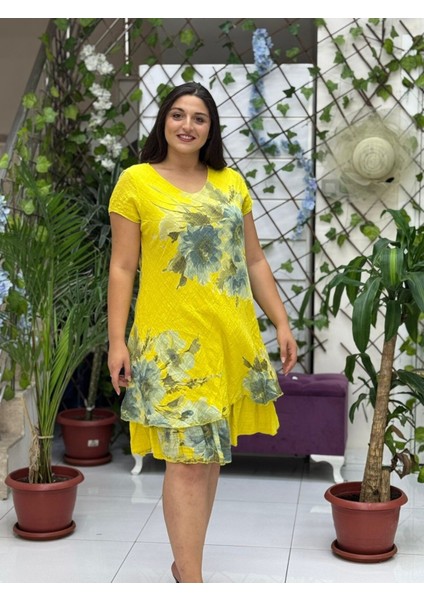 NC50121 Italyan Kısa Kol Pamuk Keten Elbise Sarı