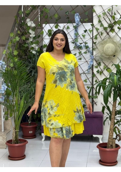 NC50121 Italyan Kısa Kol Pamuk Keten Elbise Sarı fiyatları