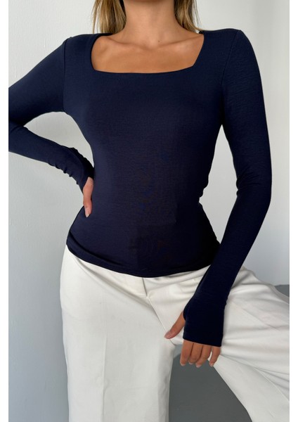 Kadın Kare Yaka Basic Uzun Kollu Parmak Geçmeli Modal Kumaş Body Bluz fırsatları