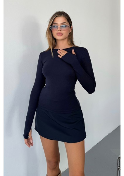 Kadın Bisiklet Yaka Basic Uzun Kollu Parmak Geçmeli Modal Kumaş Body Bluz