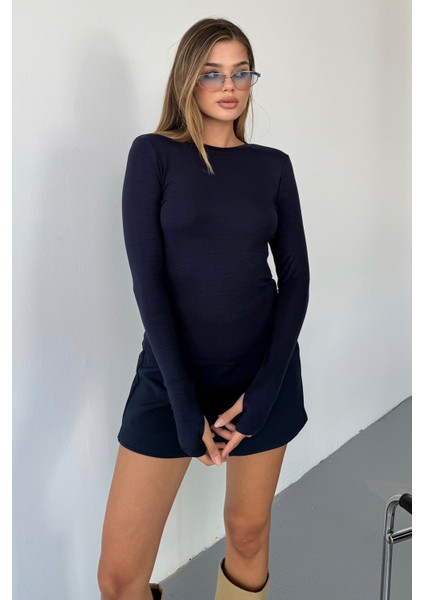 Kadın Bisiklet Yaka Basic Uzun Kollu Parmak Geçmeli Modal Kumaş Body Bluz
