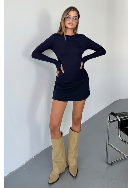 Kadın Bisiklet Yaka Basic Uzun Kollu Parmak Geçmeli Modal Kumaş Body Bluz