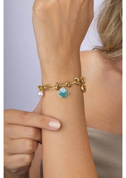 Balık Inci Kalp Figürlü Altın Kaplama Çelik Kadın Charm Bileklik