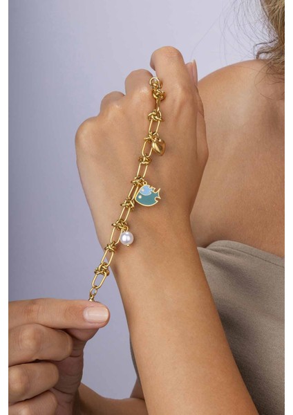 Balık Inci Kalp Figürlü Altın Kaplama Çelik Kadın Charm Bileklik fiyatları